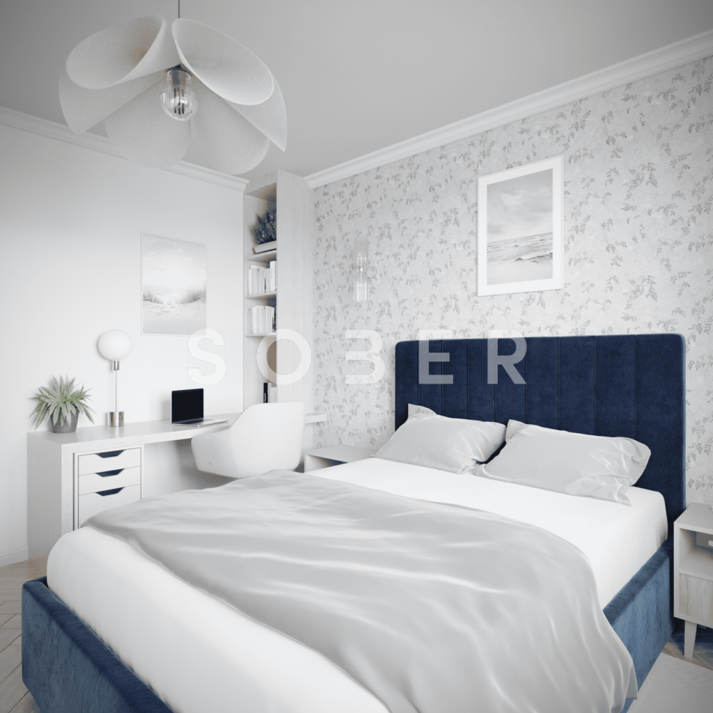 Jasna sypialnia z miejscem do pracy. Home office