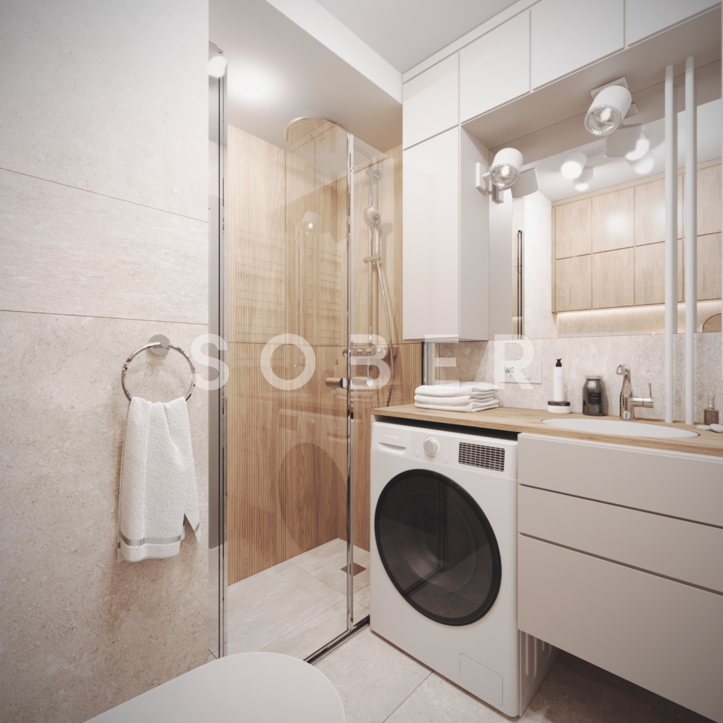 Klimatyczna, niewielka łazienka z dużą kabiną