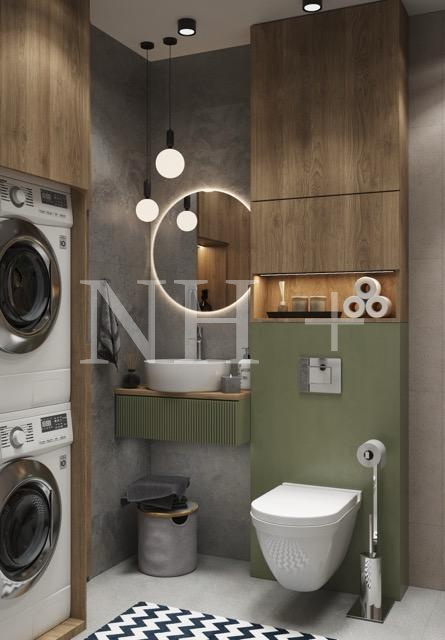 Niewielka łazienka w bloku w kolorach ziemi