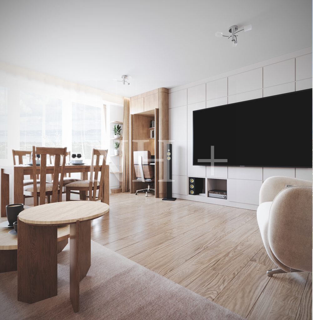 Salon z jadalnią, biblioteczką i miejscem do pracy