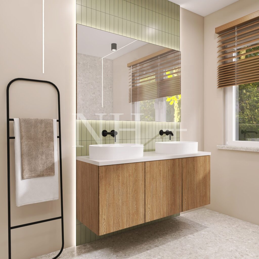 Nowoczesna łazienka z Terazzo i zielonymi cegiełkami