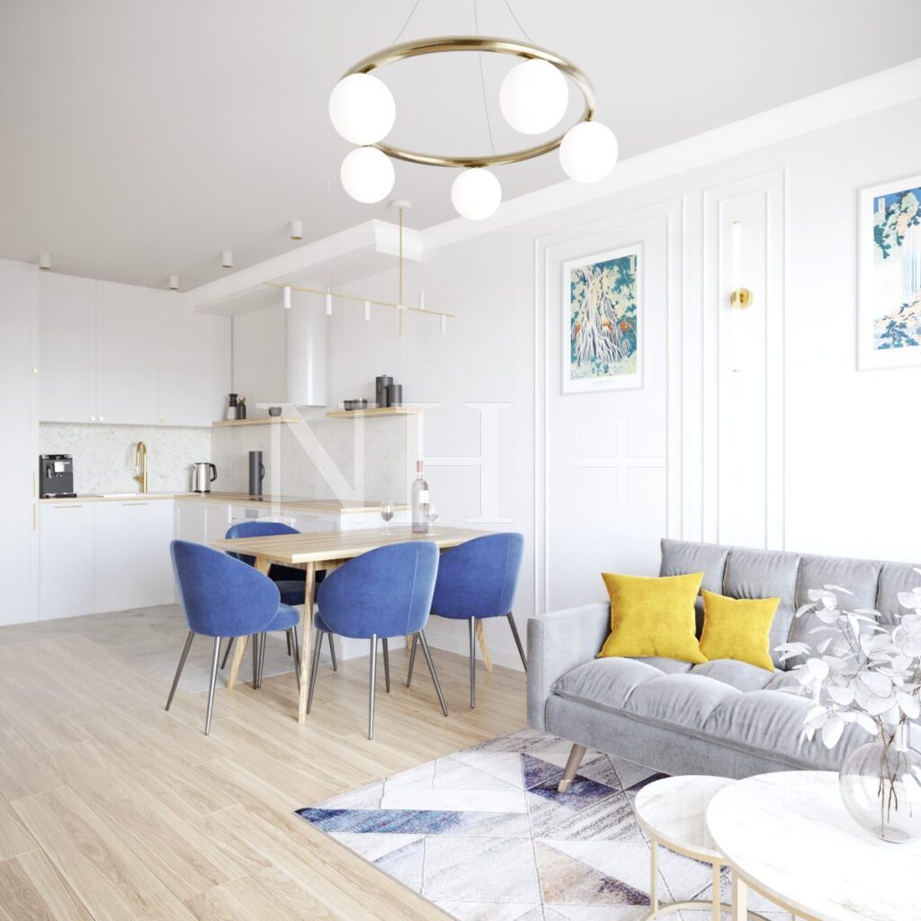 Salon z kuchnią w stylu modern classic w niewielkim mieszkaniu