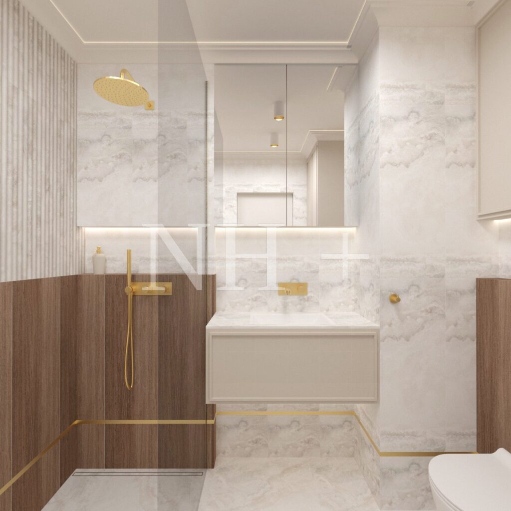 Elegancka łazienka 4,5m2 I drewno, kamień i beż