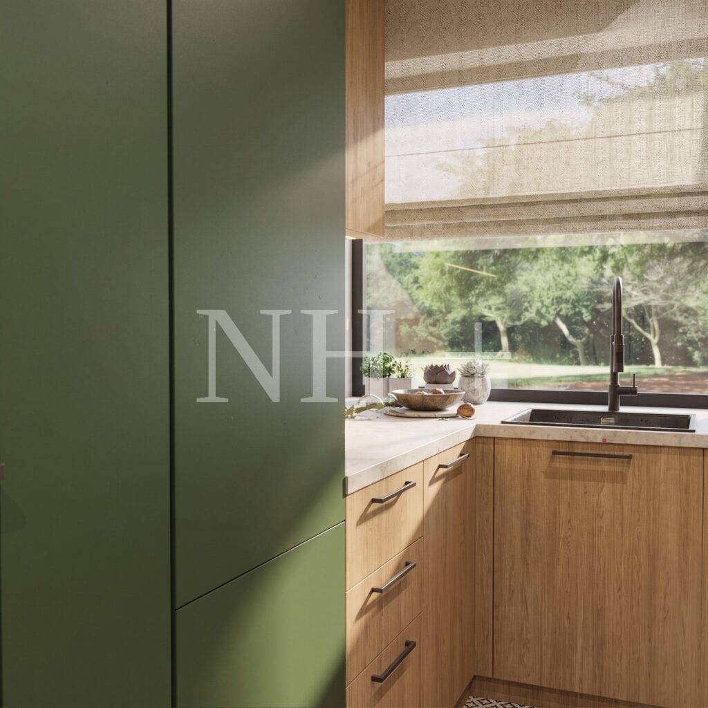 Dom w Malinówkach Archon+ | Zieleń w stylu Biophilic design | Salon z kuchnią i jadalnią